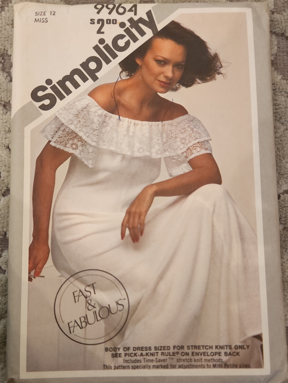 Simplicity 1980 Pattern Size 12 Miss Women's Off-Shoulder Lace Trim White Dress